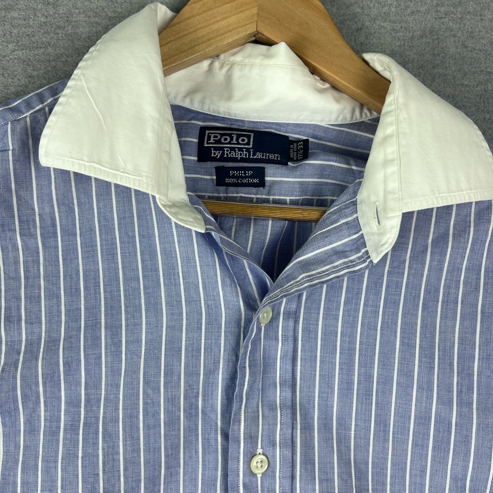 Polo Ralph Lauren Philip Mens 17.5 33 Blue White Striped Cotton Dress Shirt